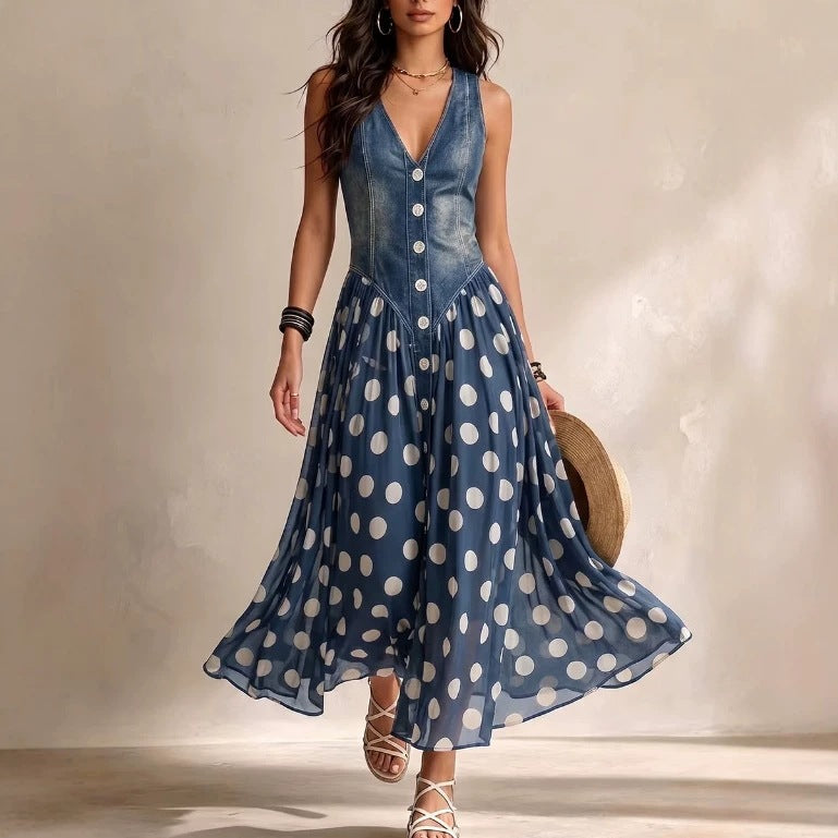 Polka Dot V-Neck Sleeveless Maxi Dress Casual | Yvonne Collection
