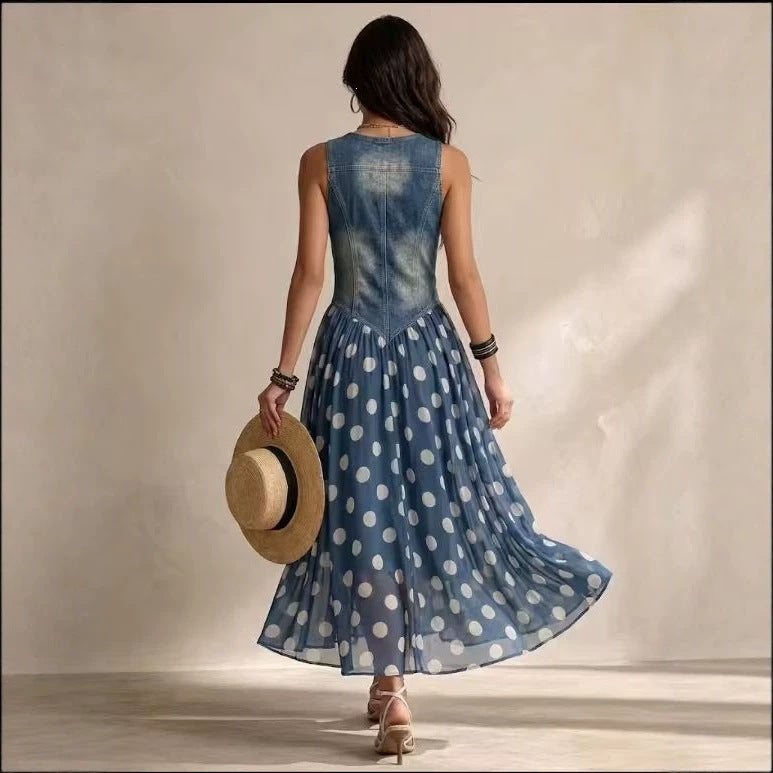 Polka Dot V-Neck Sleeveless Maxi Dress Casual | Yvonne Collection