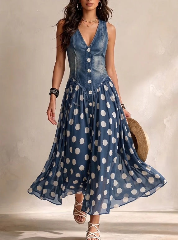 Polka Dot V-Neck Sleeveless Maxi Dress Casual | Yvonne Collection