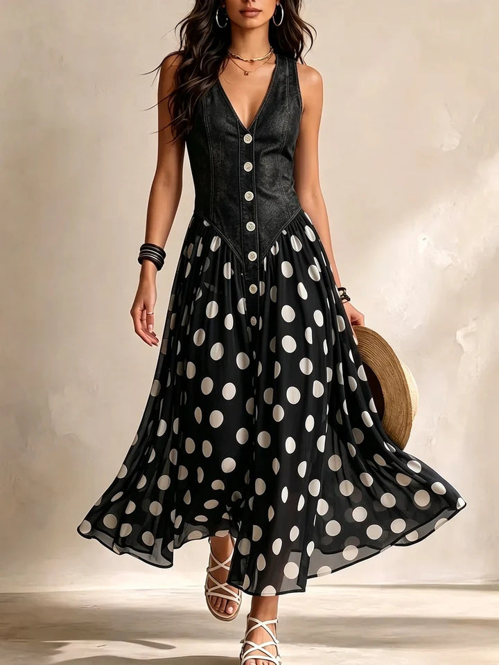 Polka Dot V-Neck Sleeveless Maxi Dress Casual | Yvonne Collection
