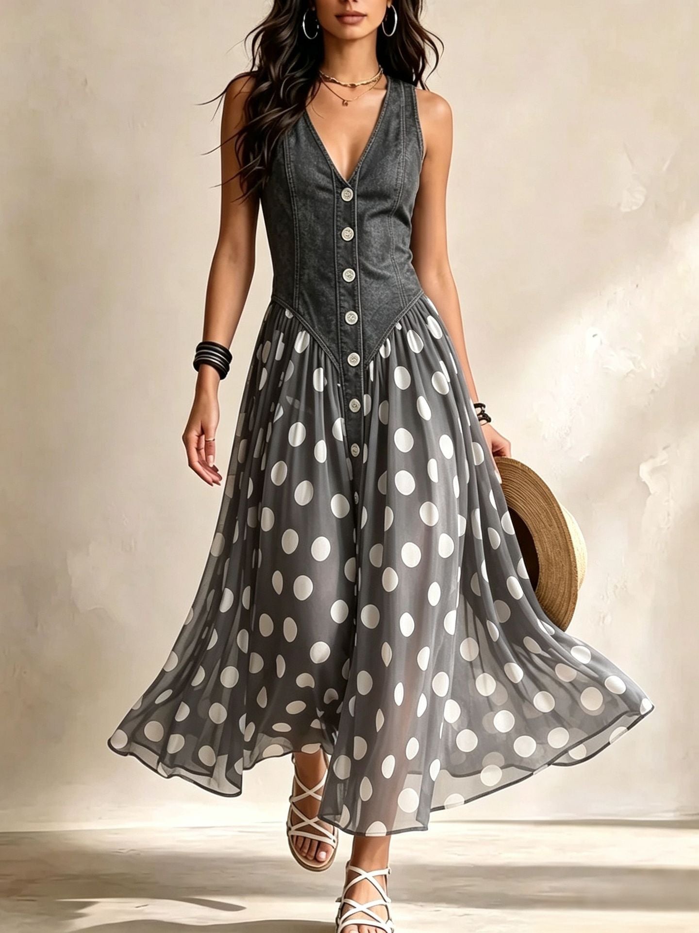 Polka Dot V-Neck Sleeveless Maxi Dress Casual | Yvonne Collection