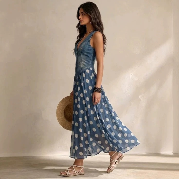 Polka Dot V-Neck Sleeveless Maxi Dress Casual | Yvonne Collection