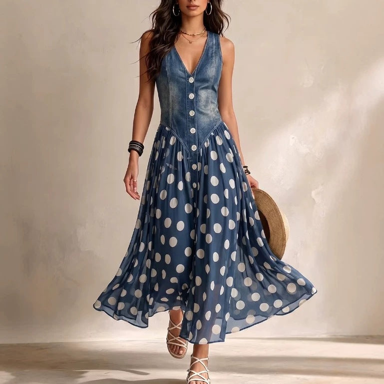 Polka Dot V-Neck Sleeveless Maxi Dress Casual | Yvonne Collection