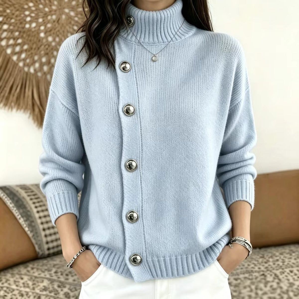 Women's Solid Knit Winter Sweater | Loose Fit Metal Button Cardigan