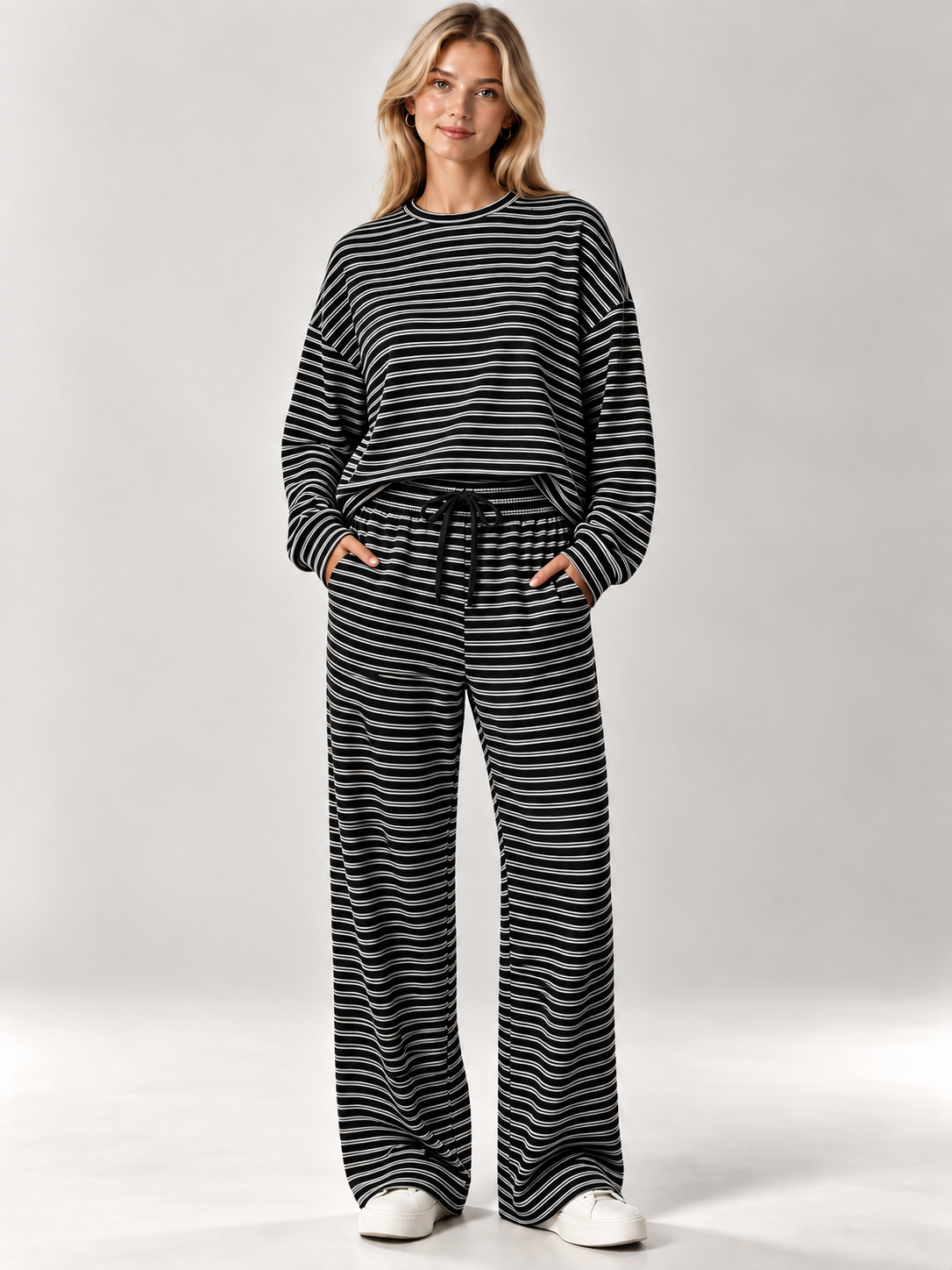 Women's Striped Knit Autumn Pant Set | Loose Fit Casual Loungewear