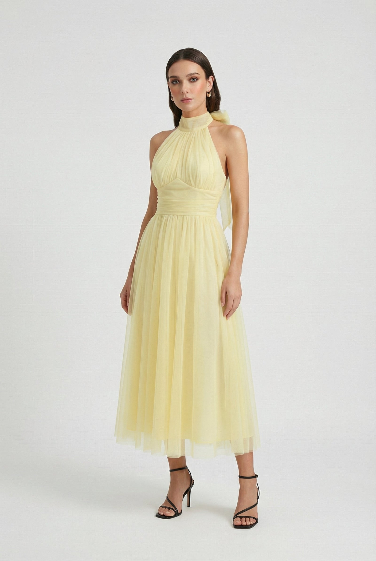 Yellow Ruched Halter Neck Midi Tulle Wedding Guest Dress | Haven Collection 0