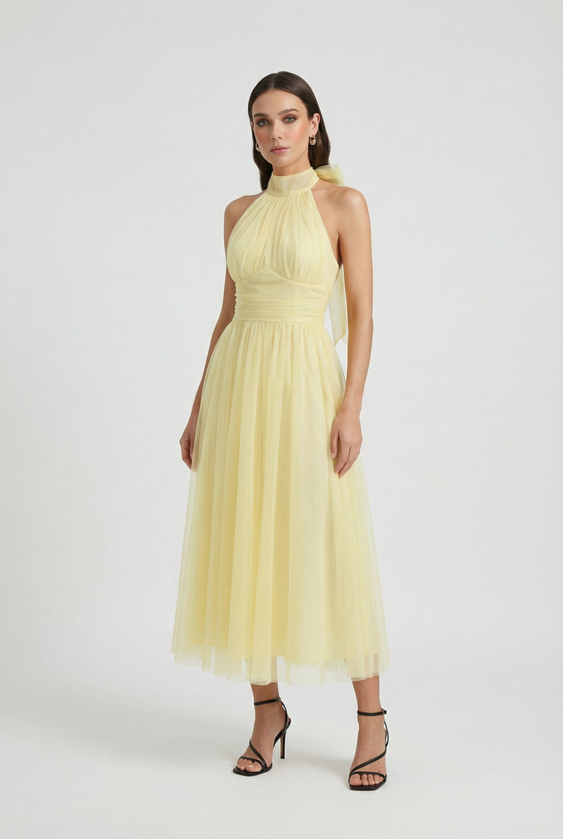 Yellow Ruched Halter Neck Midi Tulle Wedding Guest Dress | Haven Collection 0