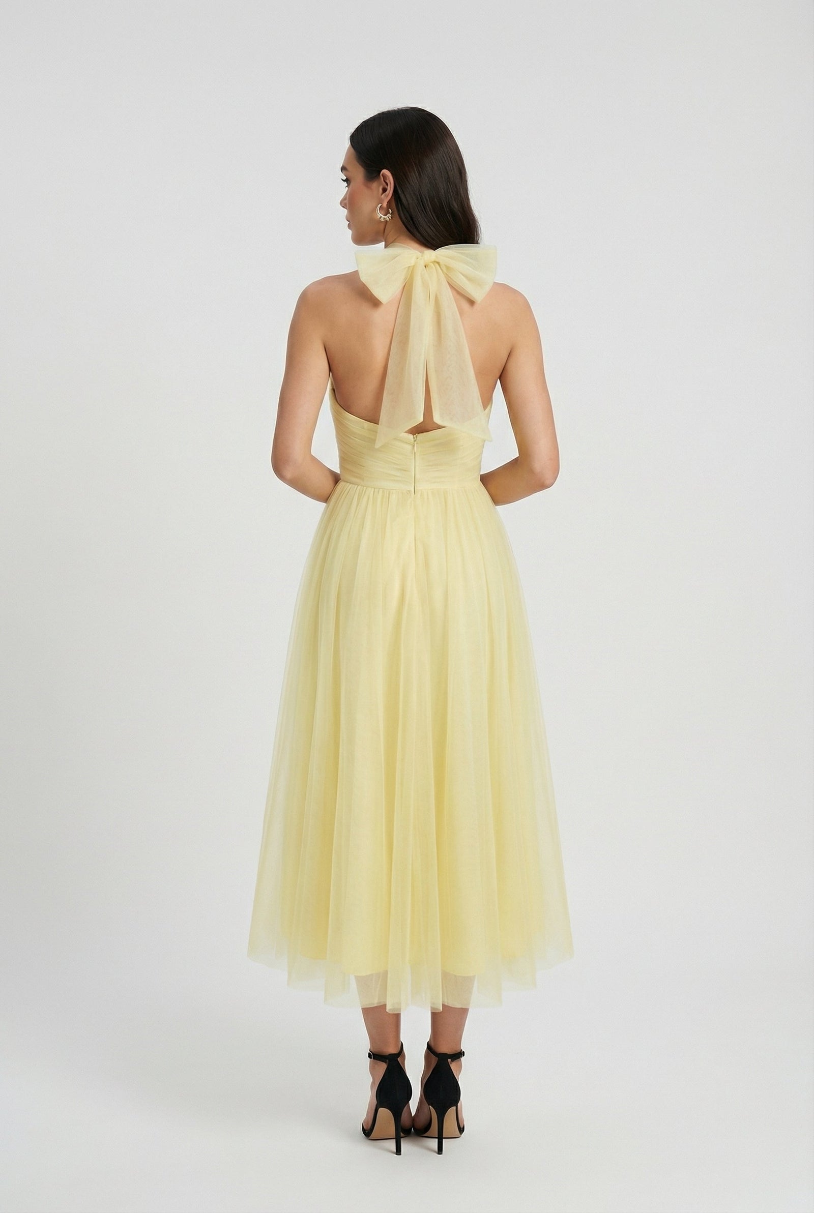 Yellow Ruched Halter Neck Midi Tulle Wedding Guest Dress | Haven Collection 1