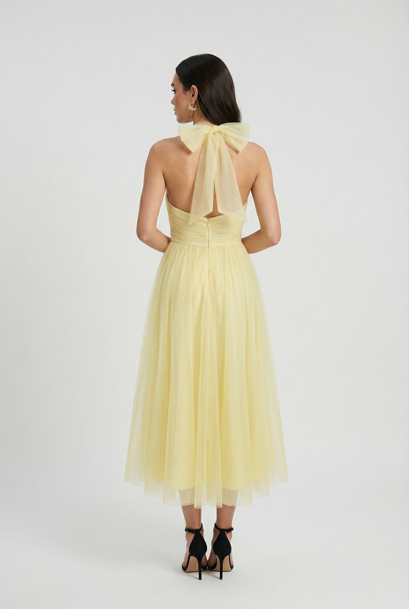 Yellow Ruched Halter Neck Midi Tulle Wedding Guest Dress | Haven Collection 1