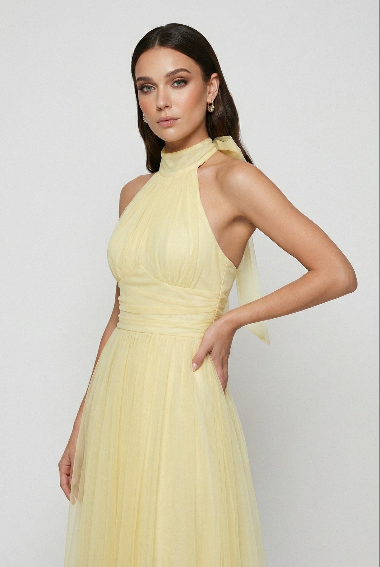 Yellow Ruched Halter Neck Midi Tulle Wedding Guest Dress | Haven Collection 2