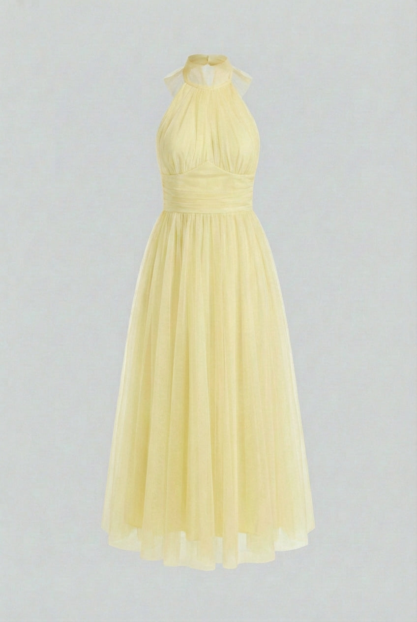 Yellow Ruched Halter Neck Midi Tulle Wedding Guest Dress | Haven Collection 3