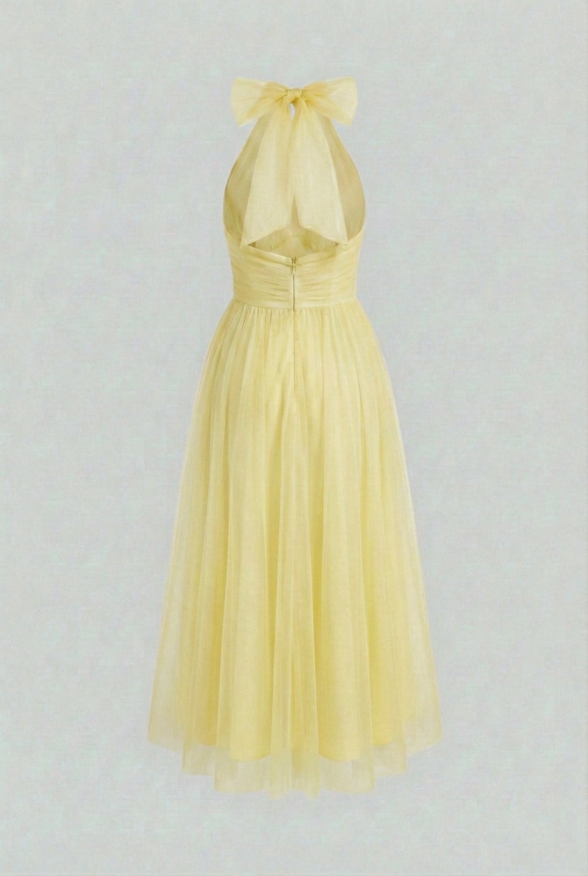 Yellow Ruched Halter Neck Midi Tulle Wedding Guest Dress | Haven Collection 4