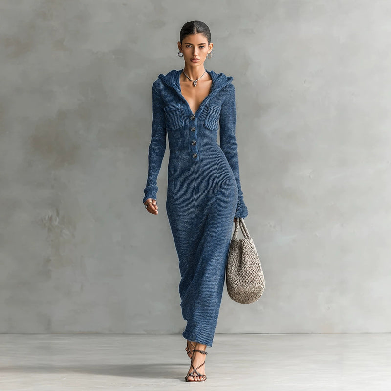 Womens Slim-Fit Half-Neck Hooded Knitted Sweater Dress | Serene Collection