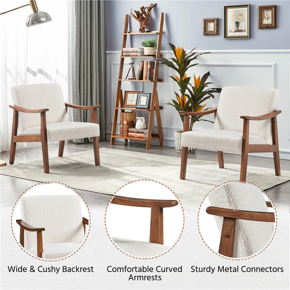 Mid-Century Modern Accent Chair with Wooden Frame, Ivory Boucle Fabric
