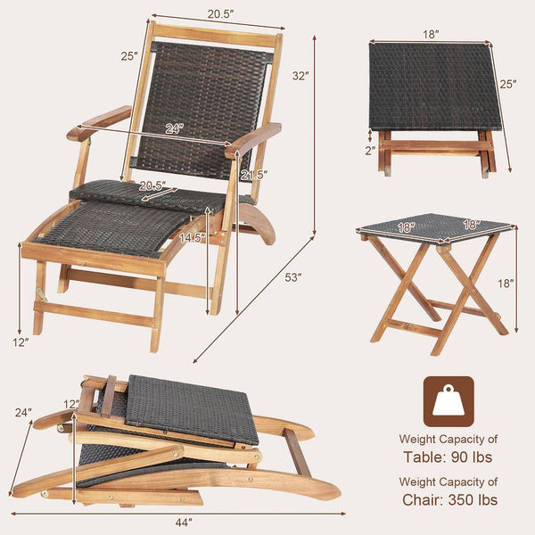 4-Piece Wicker Patio Conversation Set Rattan Folding Lounge Chair Table with Retractable Footrest