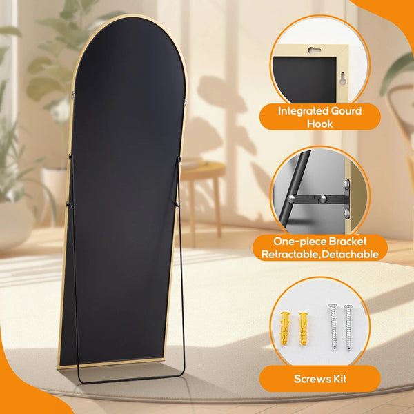 Arched Full Length Mirror with Stand, 64"X21" Floor Mirror with Aluminum Alloy, Tempered Glass Full Body Mirror, Free Standing or Wall-Mounted or Door Mirror for Living Room, Gold