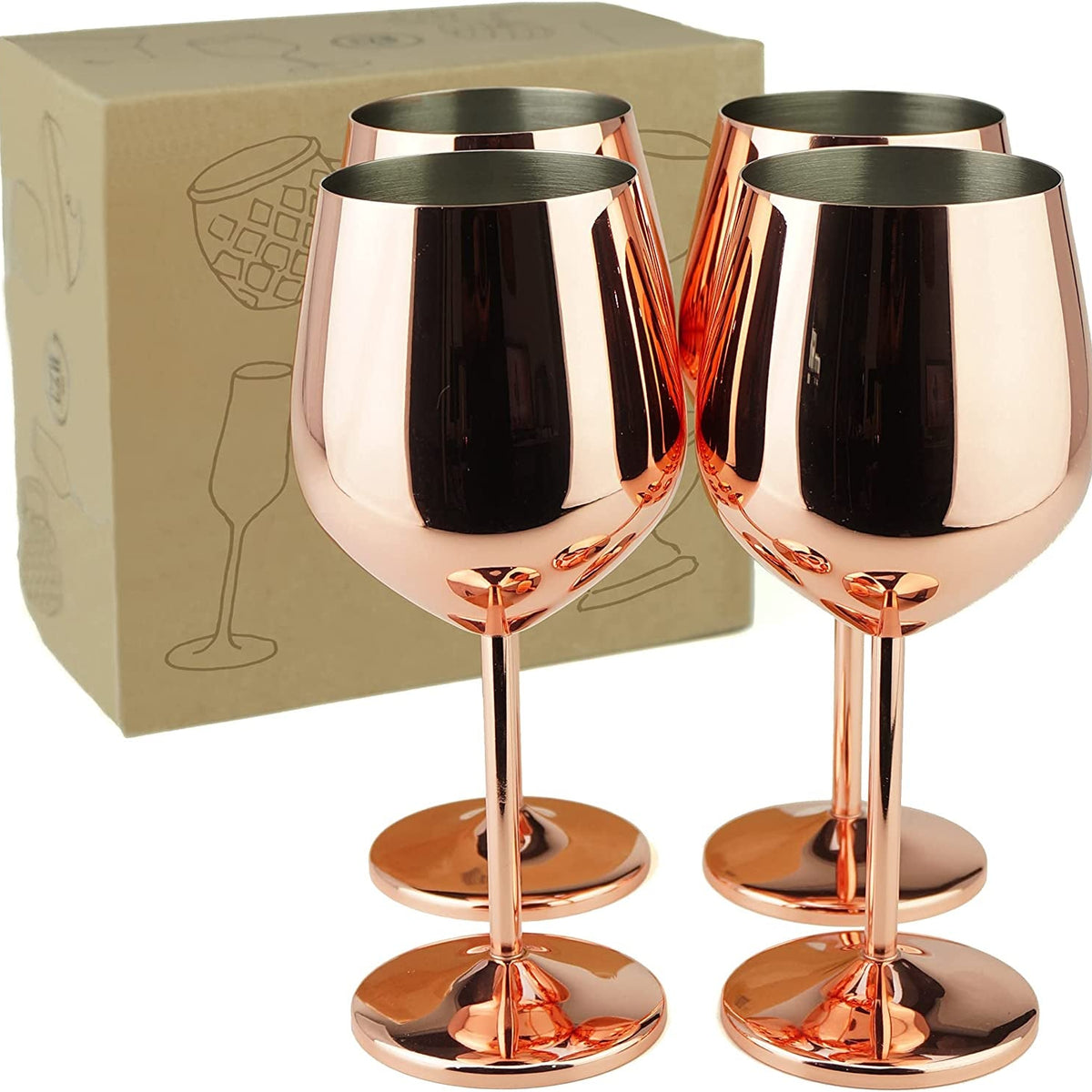 Copper/Rose Gold Stem Stainless Steel Wine Glass Set 4-18.5 Oz