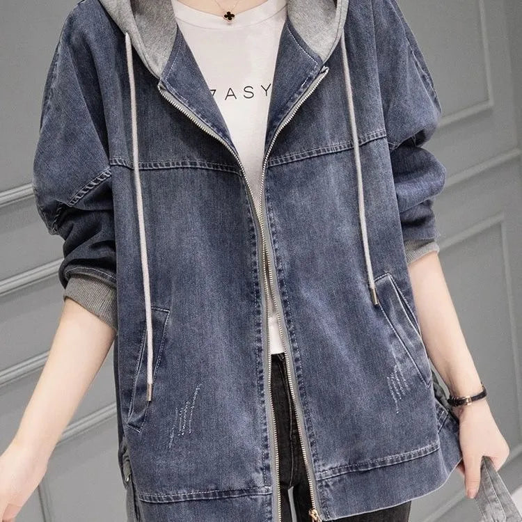Blue Hooded Long Sleeve Baseball Denim Jacket Casual | Delphi Collection