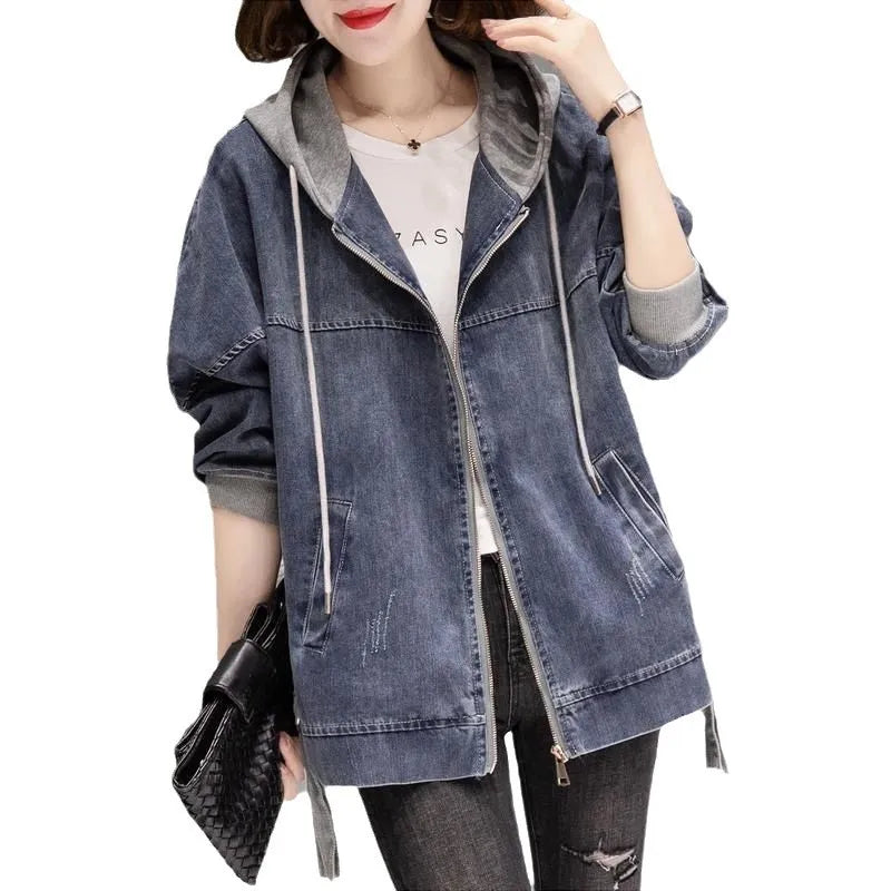 Blue Hooded Long Sleeve Baseball Denim Jacket Casual | Delphi Collection