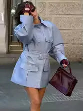 Blue Lapel Long Sleeve Trench Coat Office | Astrid Collection