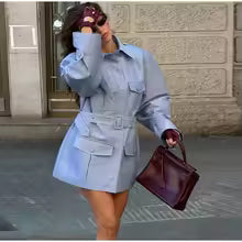 Blue Lapel Long Sleeve Trench Coat Office | Astrid Collection