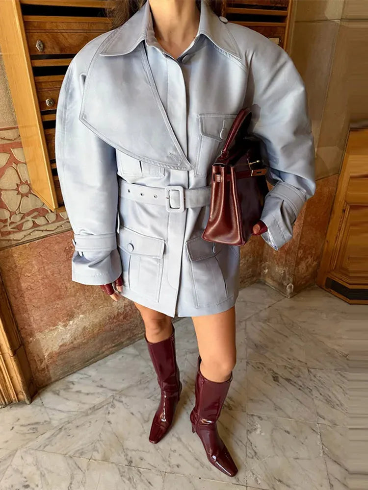 Blue Lapel Long Sleeve Trench Coat Office | Astrid Collection