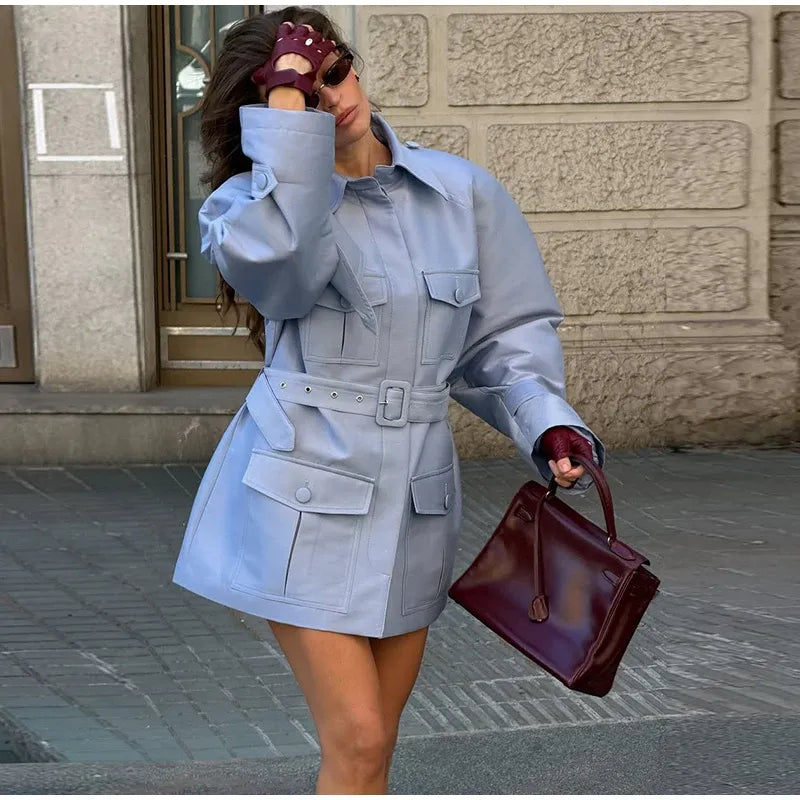 Blue Lapel Long Sleeve Trench Coat Office | Astrid Collection