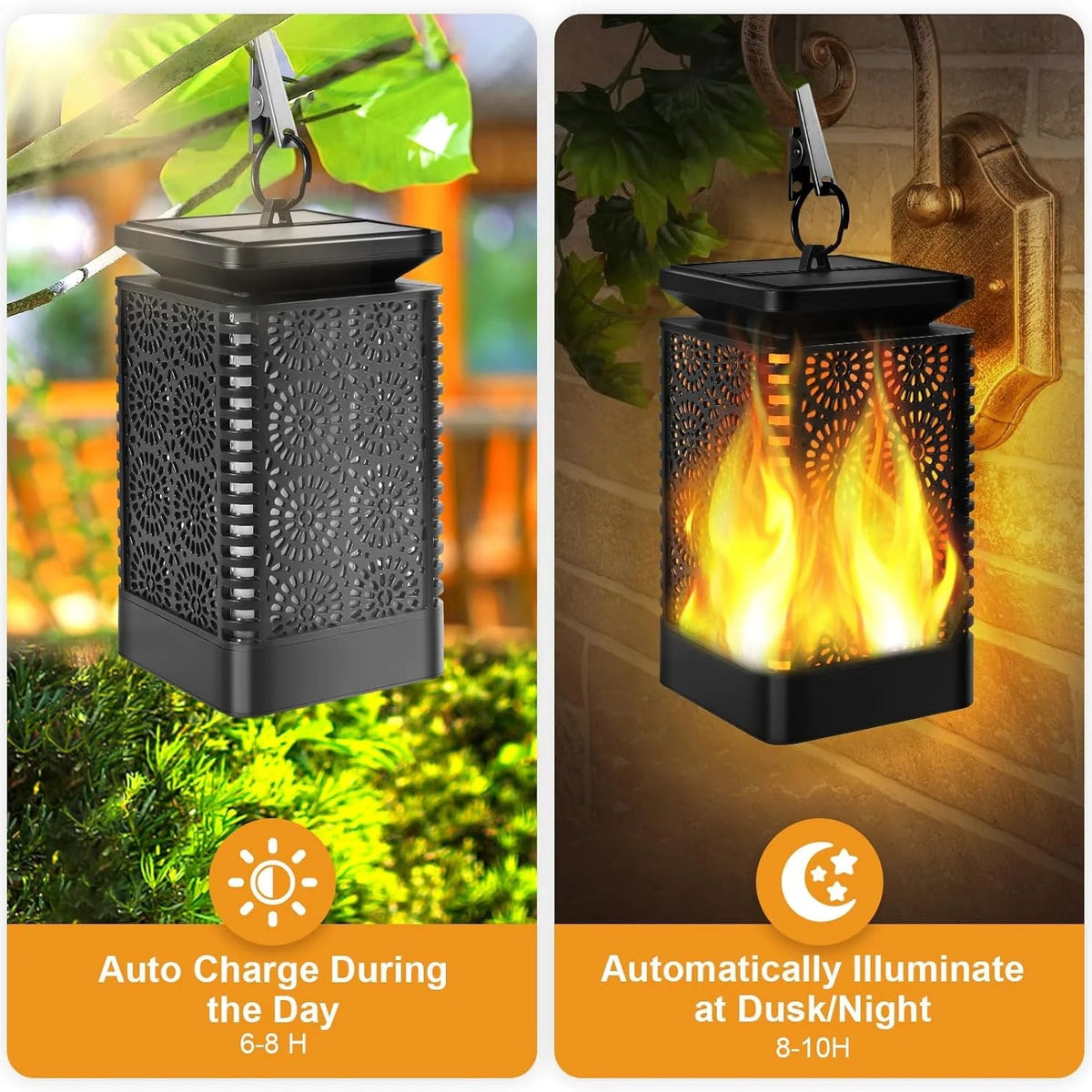 Solar Lights Outdoor, Solar Lantern Flickering Flame Outdoor Waterproof Hanging Lanterns Decorative, Solar Powered Outdoor Lighting LED Christmas Lights for Patio Deck Yard, 2 Pack