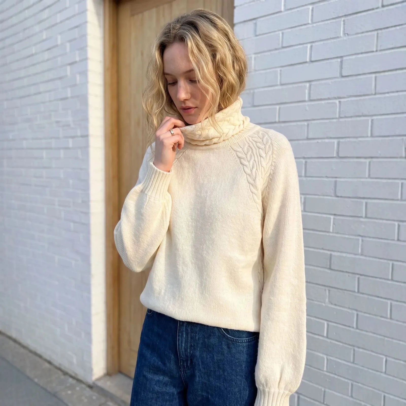 Cable Knit Lantern Sleeve Mock Neck Sweater