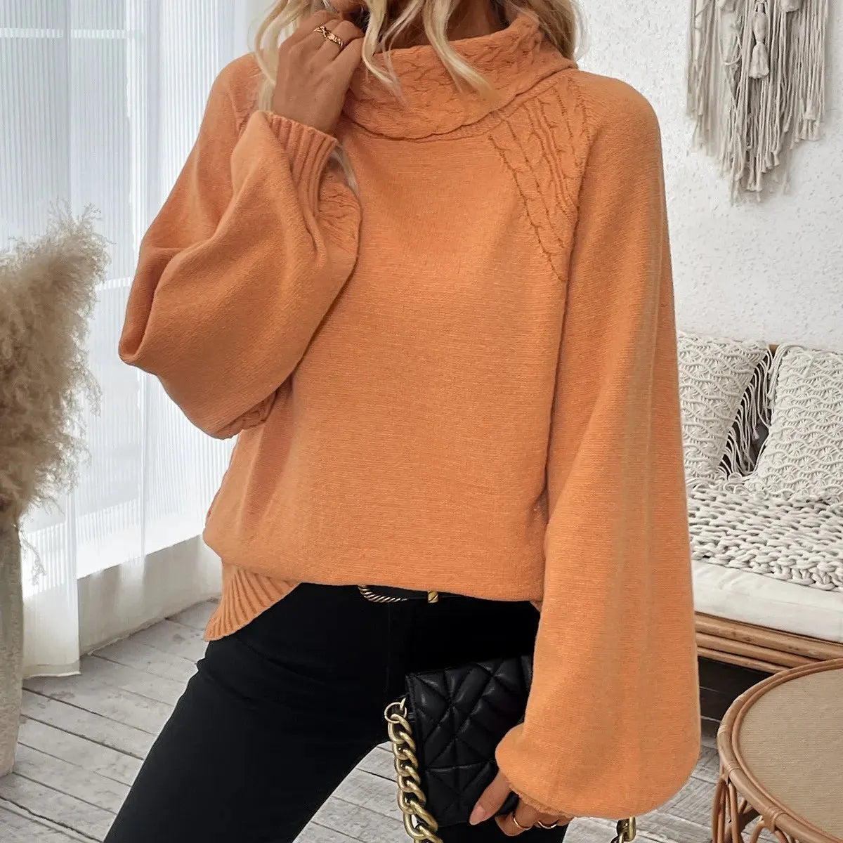 Cable Knit Lantern Sleeve Mock Neck Sweater