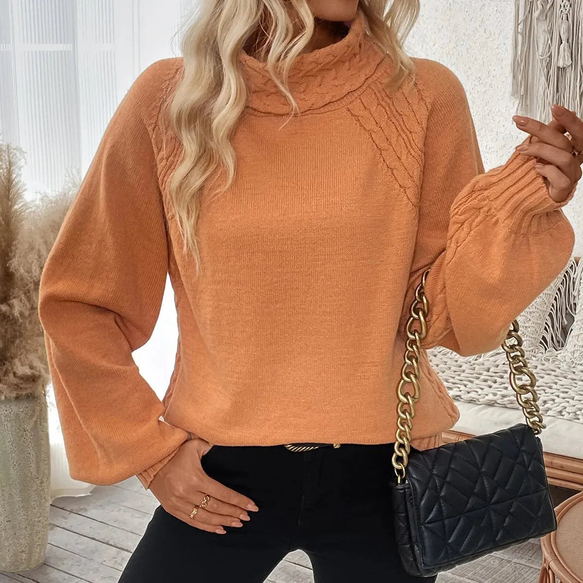 Cable Knit Lantern Sleeve Mock Neck Sweater