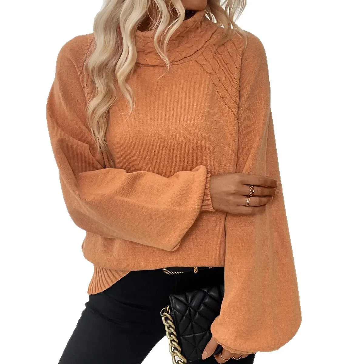 Cable Knit Lantern Sleeve Mock Neck Sweater