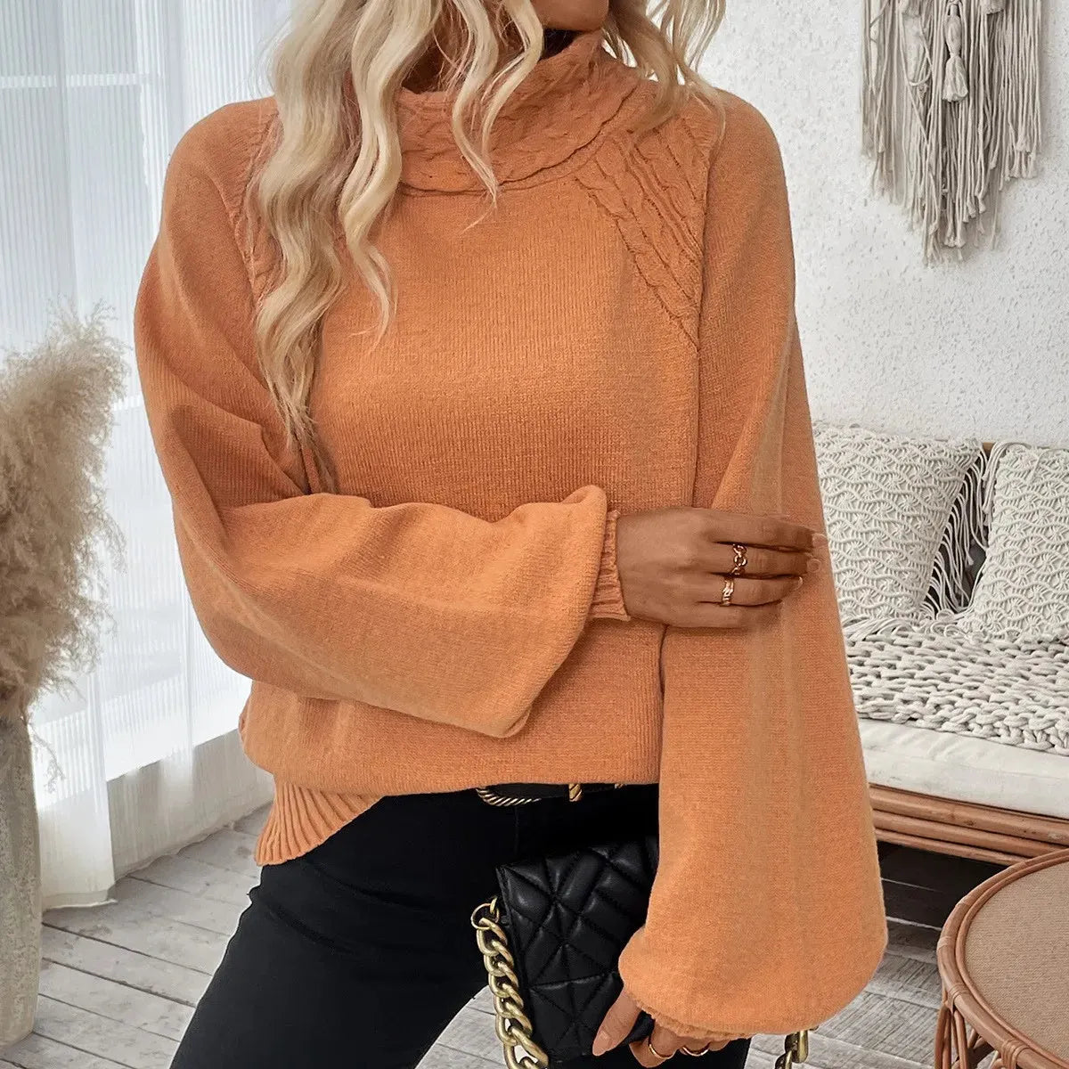 Cable Knit Lantern Sleeve Mock Neck Sweater