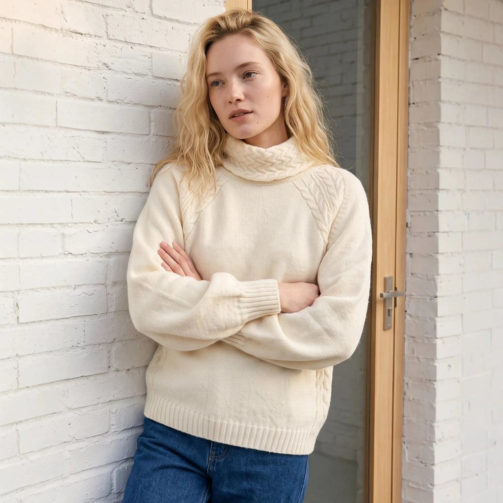 Cable Knit Lantern Sleeve Mock Neck Sweater
