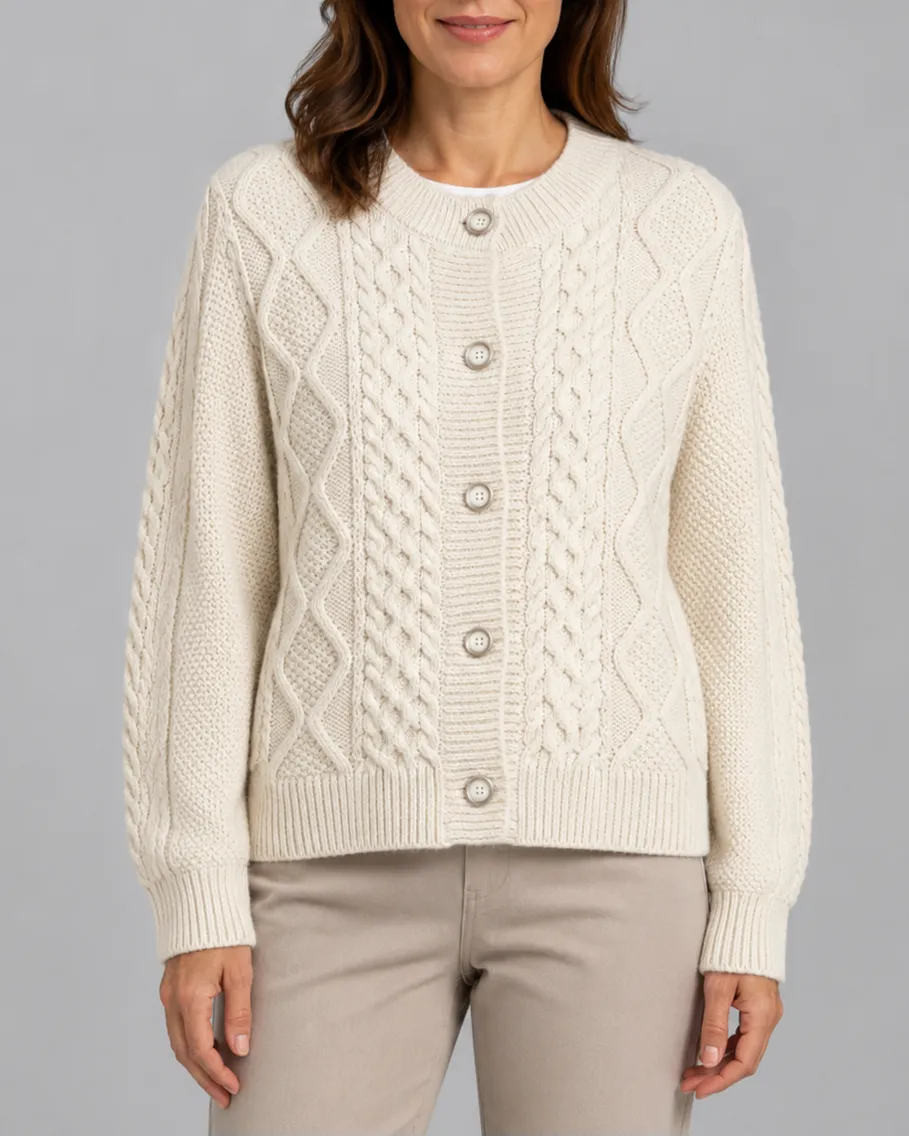 Cable Knit Round Neck Button Front Cardigan