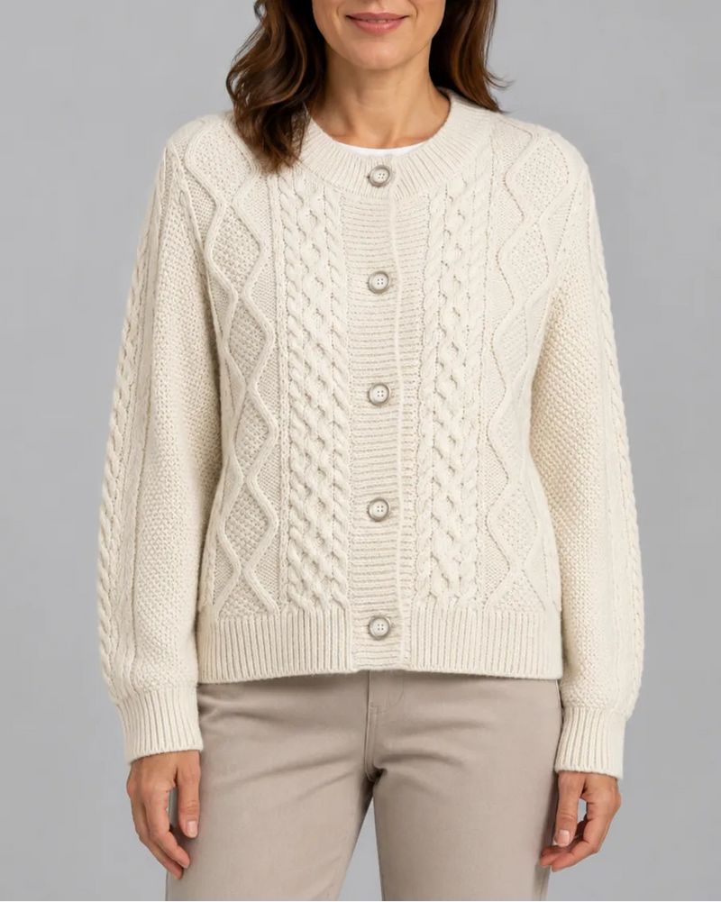 Cable Knit Round Neck Button Front Cardigan