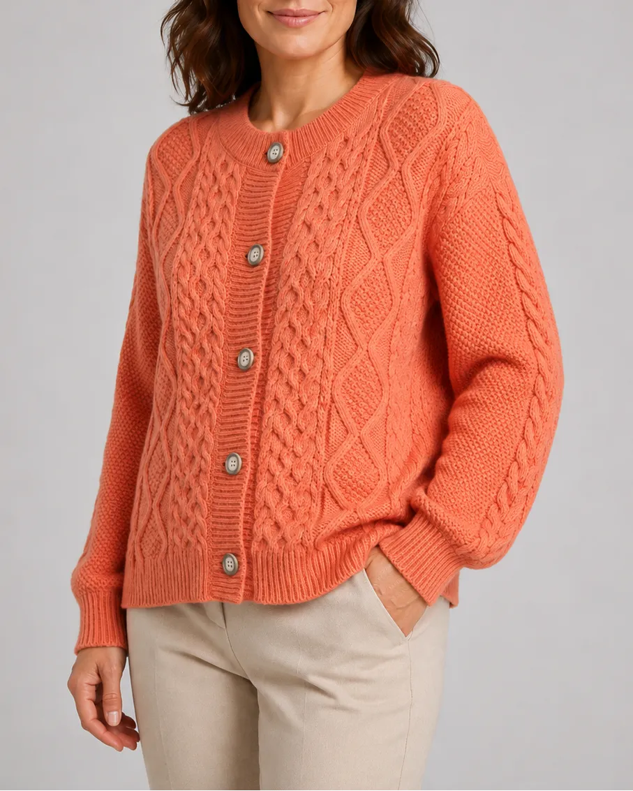 Cable Knit Round Neck Button Front Cardigan