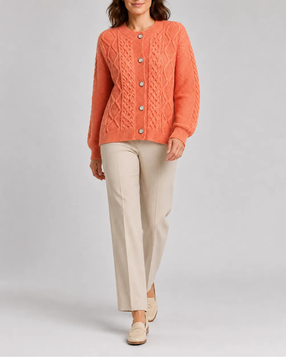 Cable Knit Round Neck Button Front Cardigan