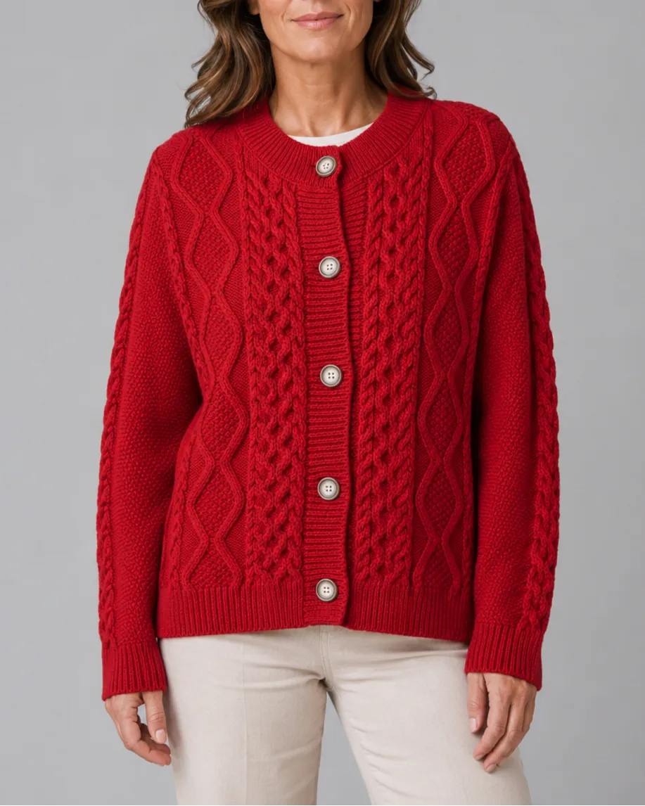 Cable Knit Round Neck Button Front Cardigan