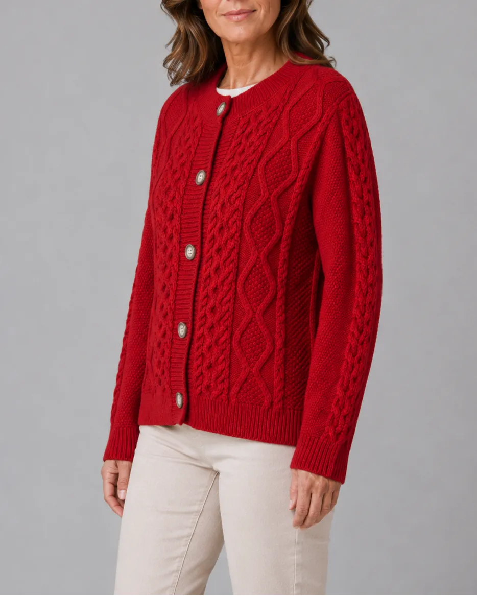 Cable Knit Round Neck Button Front Cardigan