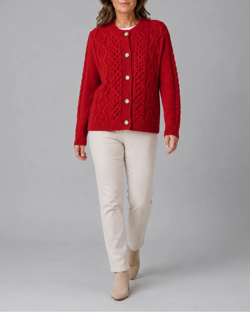 Cable Knit Round Neck Button Front Cardigan