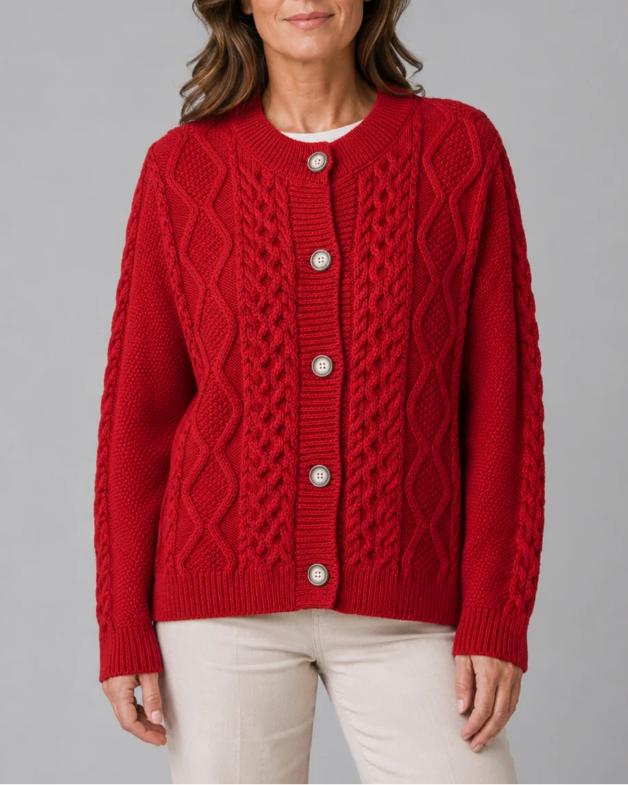 Cable Knit Round Neck Button Front Cardigan