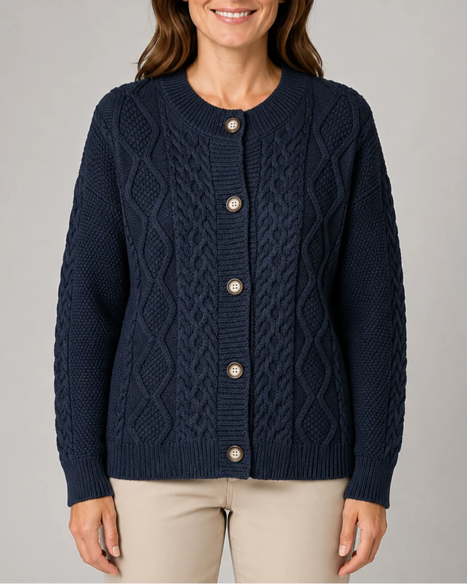 Cable Knit Round Neck Button Front Cardigan