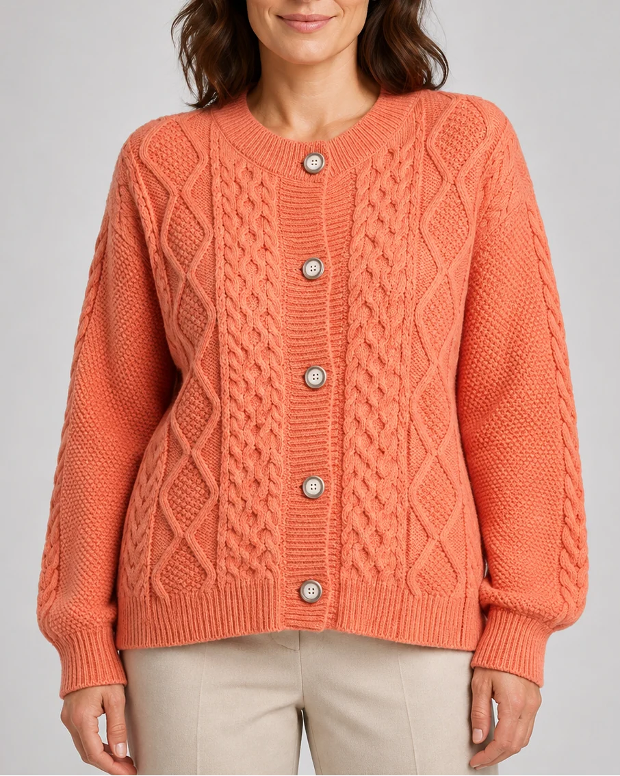 Cable Knit Round Neck Button Front Cardigan