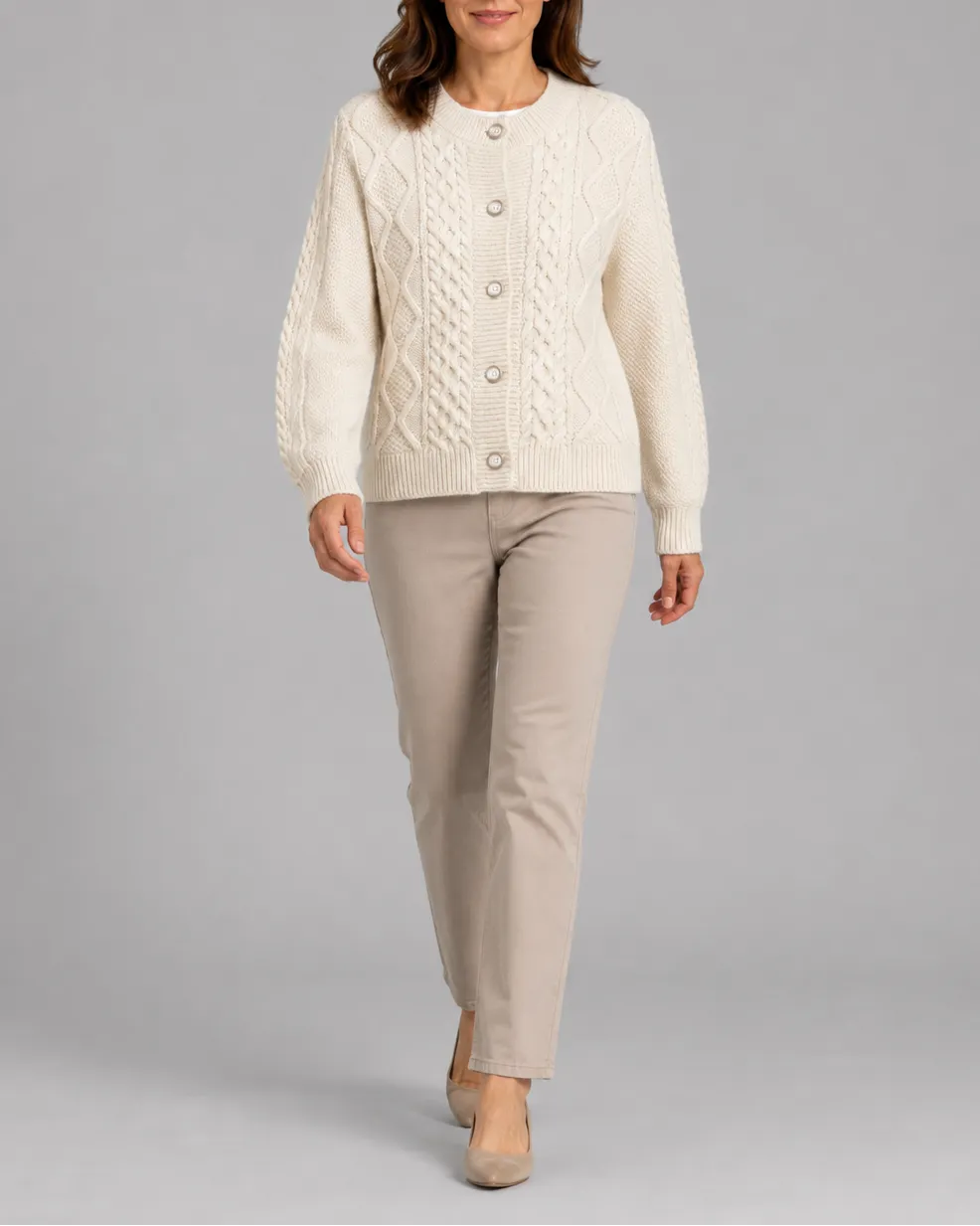 Cable Knit Round Neck Button Front Cardigan