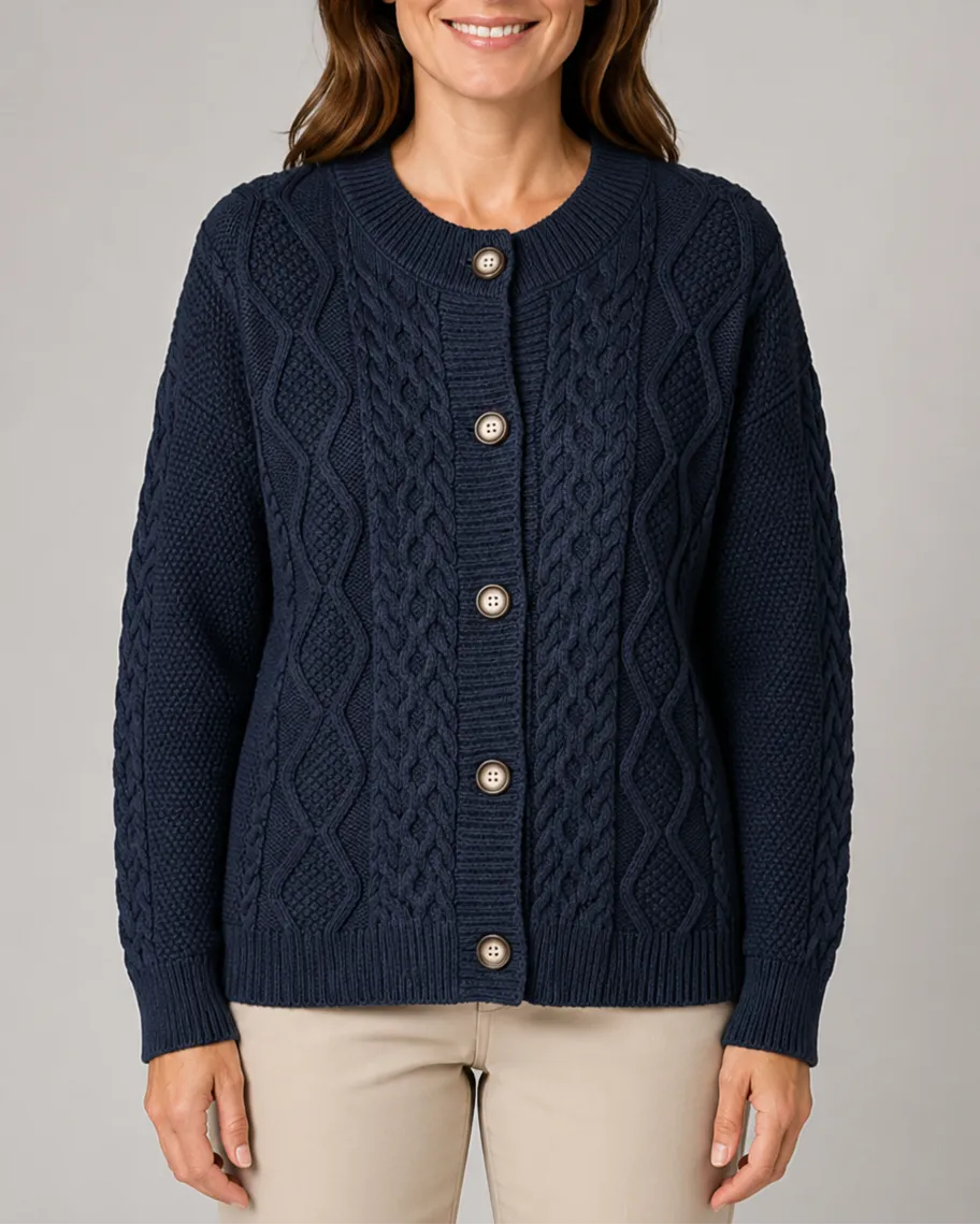 Cable Knit Round Neck Button Front Cardigan