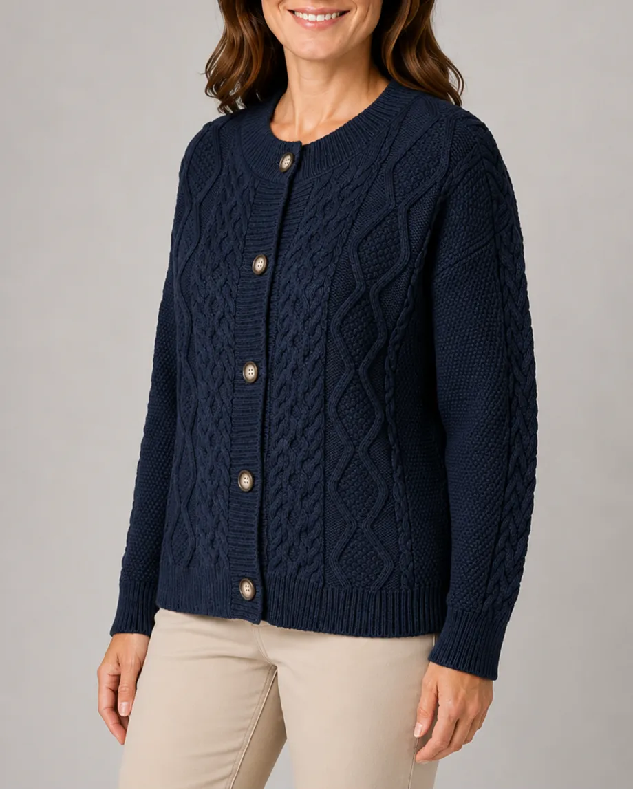 Cable Knit Round Neck Button Front Cardigan
