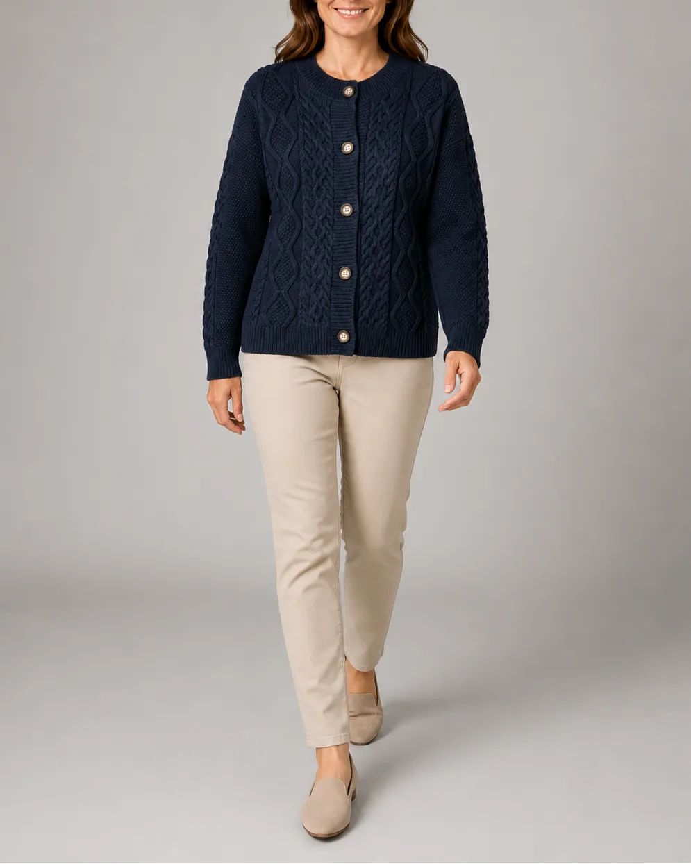 Cable Knit Round Neck Button Front Cardigan