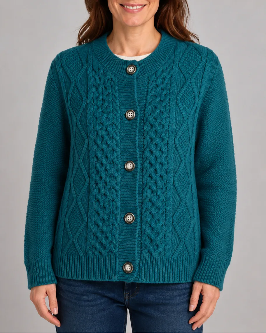 Cable Knit Round Neck Button Front Cardigan