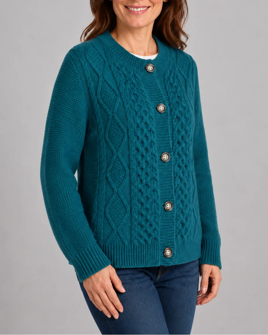 Cable Knit Round Neck Button Front Cardigan